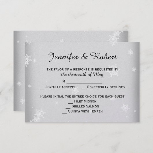 White and Silver Snowflake Wedding Response Card RSVP Karte (Vorne/Hinten)