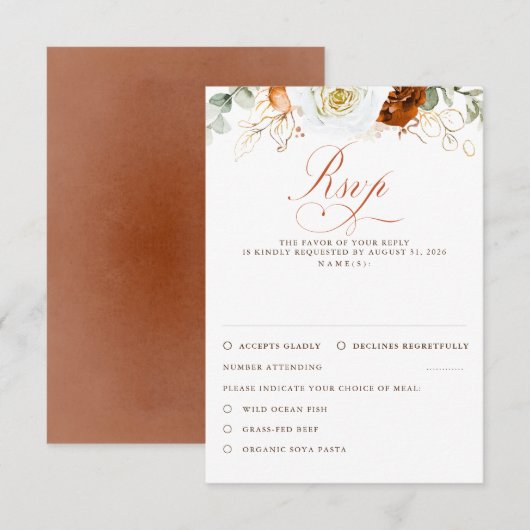 White and Terracotta Flowers Wedding RSVP Karte (Vorne/Hinten)