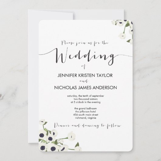 White Anemone Blume Vintage Hochzeit Einladung (Vorderseite)