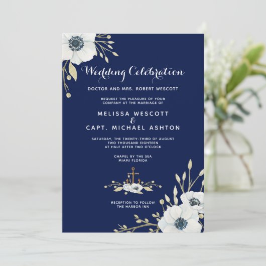 White Anemone Navy - Hochzeitsfeier Einladung (Stehend Vorderseite)
