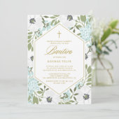 White Anemones Blue Floral Baby Boy Bautizo Einladung (Stehend Vorderseite)