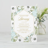 White Anemones Blue Floral Baby Segen Einladung (Stehend Vorderseite)