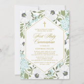 White Anemones Blue Floral First Heilige Kommune Einladung (Vorderseite)