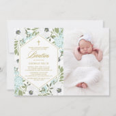 White Anemones Blue Floral Foto Baby Boy Bautizo Einladung (Vorderseite)