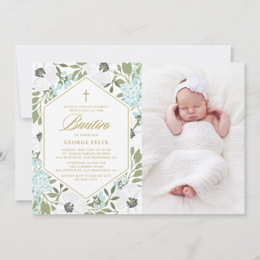 White Anemones Blue Floral Foto Baby Boy Bautizo Einladung (Vorderseite)