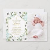 White Anemones Blue Floral Foto Baby Boy Taufe Einladung (Vorderseite)