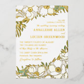White Anemones Gold Foil Line Hochzeit Folieneinladung (Vorderseite)