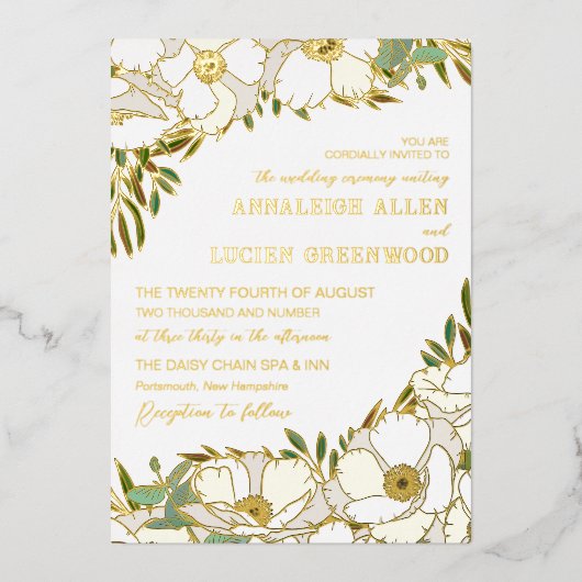 White Anemones Gold Foil Line Hochzeit Folieneinladung (Vorderseite)