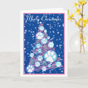 White Animal Paw Pink und Blue Christmas Tree Blue Karte