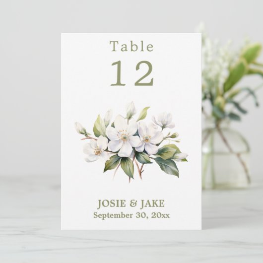 White apple blossom flower Table Number sign Einladung (Stehend Vorderseite)