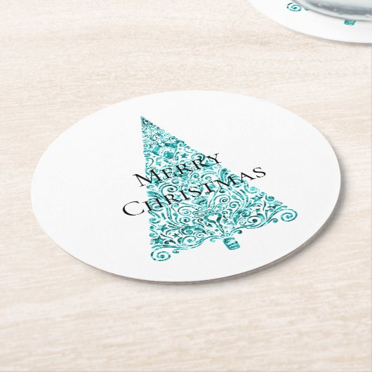 White Aqua Blue Christmas Tree Runder Pappuntersetzer (Angewinkelt)