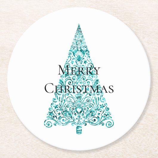 White Aqua Blue Christmas Tree Runder Pappuntersetzer (Vorderseite)