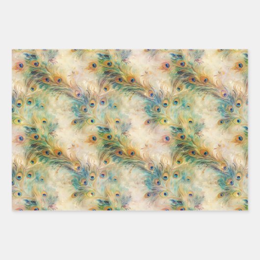 White Aqua Gold Peacock Feathers Geschenkpapier Set (Vorderseite 2)