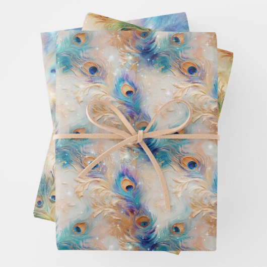White Aqua Gold Peacock Feathers Geschenkpapier Set (Beispiel)