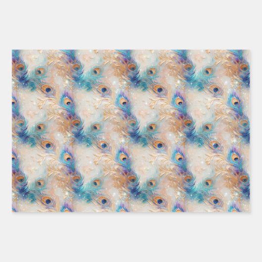 White Aqua Gold Peacock Feathers Geschenkpapier Set (Vorderseite)