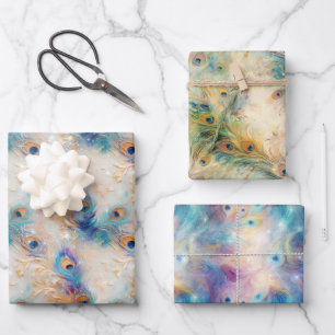 White Aqua Gold Peacock Feathers Geschenkpapier Set