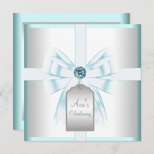 White Aquamarin Blue Baby Taufe Christening Einladung (Vorne/Hinten)