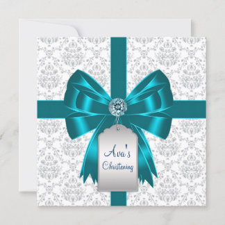 White Aquamarin Blue Damask Baby Christening Einladung