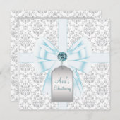 White Aquamarin Blue Damask Baby Taufe Christening Einladung (Vorne/Hinten)