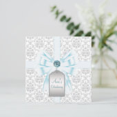 White Aquamarin Blue Damask Baby Taufe Christening Einladung (Stehend Vorderseite)