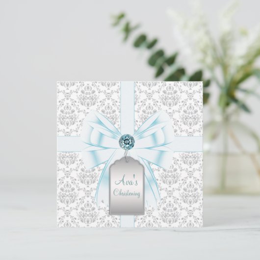 White Aquamarin Blue Damask Baby Taufe Christening Einladung (Stehend Vorderseite)