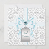White Aquamarin Blue Damask Baby Taufe Christening Einladung (Vorderseite)