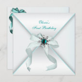 White Aquamarin Blue Girls 1. Geburtstag Party Einladung (Vorne/Hinten)