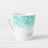 White aquamarin Glitzer Sea Green Namensskript Milchtasse (Linke Ecke)