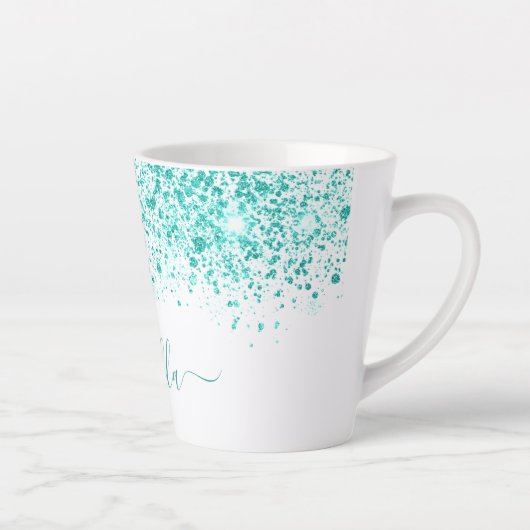 White aquamarin Glitzer Sea Green Namensskript Milchtasse (Rechts)