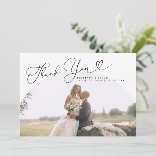 White Arch Wedding Danke, Script Dankeskarte (Stehend Vorderseite)