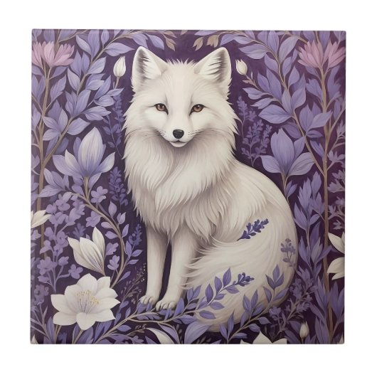 White Arctic Fox Lavender William Morris Blume Fliese (Vorderseite)