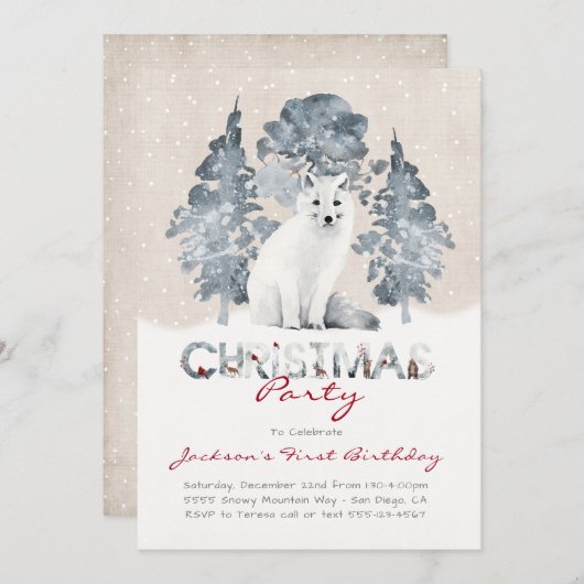 White Arfox Woodland Weihnachten Geburtstagsparty Einladung (Vorne/Hinten)