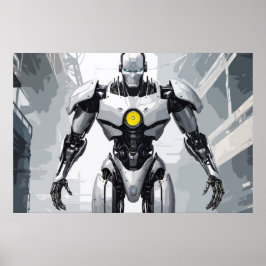 White Armored Cyborg Mecha Sci-Fi Comic Art Poster
