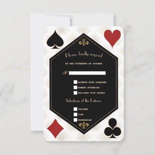 White Art Deco Gatsby Casino Vegas Poker Hochzeit RSVP Karte (Vorderseite)
