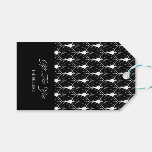 White Art Deco Muster auf schwarz Geschenkanhänger (Vorderseite (Horizontal))