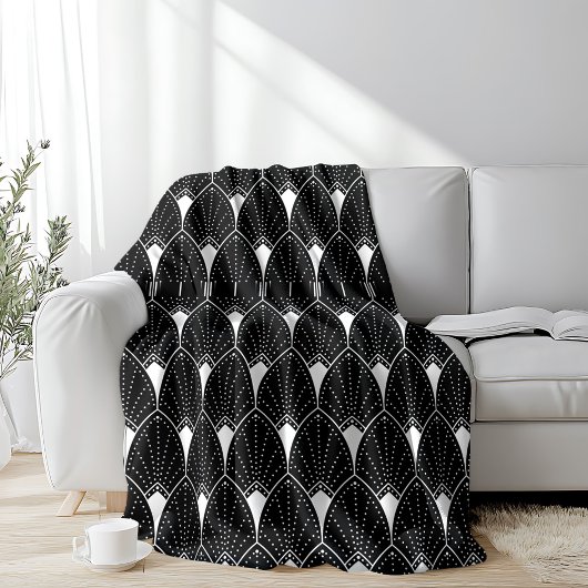 White Art Deco Pattern On Black Background Fleecedecke