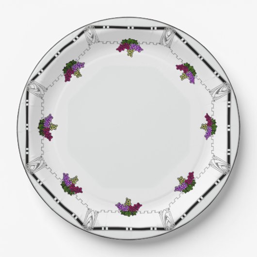 White Art Deco - Schwarz, Silber, Violet Trauben - Pappteller (Vorderseite)