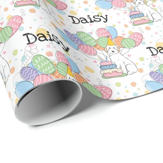 White Aussiedoodle Dog Birthday Party Geschenkpapier (Rolleneckpunkt)