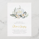 White Autumn Pumpkin Green Engagement Party Folieneinladung (Vorderseite)