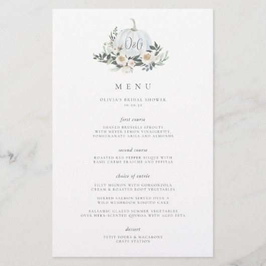 White Autumn Pumpkin Greenery Monogram Event Menu (Vorderseite)
