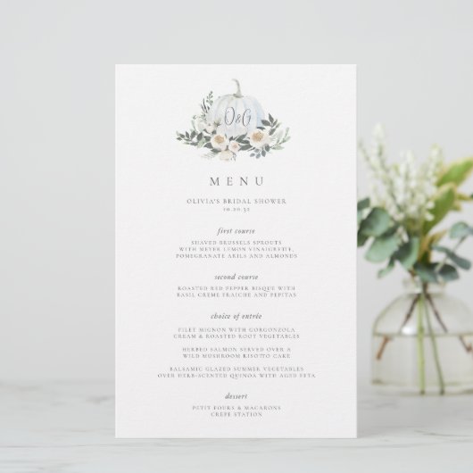 White Autumn Pumpkin Greenery Monogram Event Menu (Stehend Vorderseite)