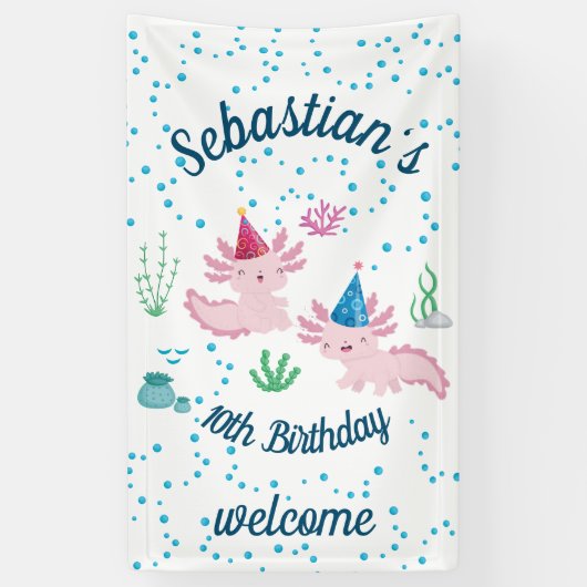 White Axolotl Birthday Party Banner (Vertikal)