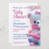 White Baby Bear mit Rosa & Blue Dusche Einladung (Vorne/Hinten)