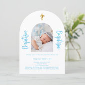 White baby blue Foto arch script boy Taufe Einladung (Stehend Vorderseite)
