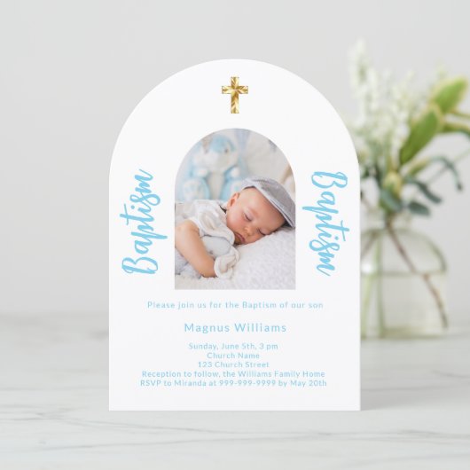 White baby blue Foto arch script boy Taufe Einladung (Stehend Vorderseite)
