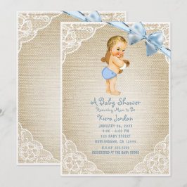 White Baby Boy Bear & Blue Bow Burlap Baby Dusche Einladung