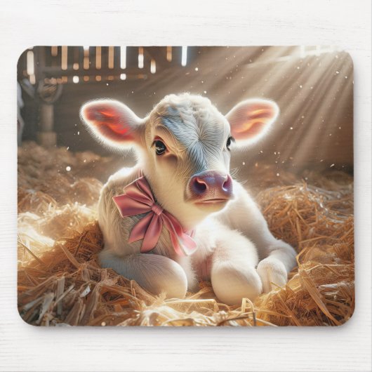 White Baby Calf im Stall Mousepad (Vorne)