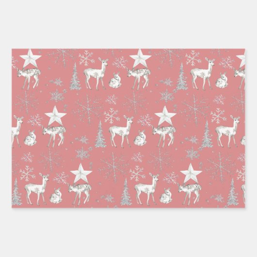 White Baby Doer Deer Silver Schneeflocken und Ster Geschenkpapier Set (Vorderseite)