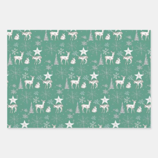 White Baby Doer Deer Silver Schneeflocken und Ster Geschenkpapier Set (Vorderseite 3)