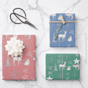 White Baby Doer Deer Silver Schneeflocken und Ster Geschenkpapier Set